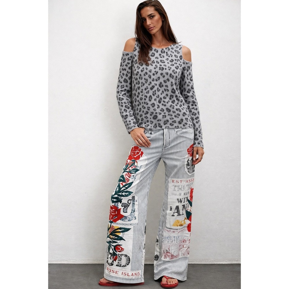 Cashmere Leopard Print Charter‎ Club Luxury Cold Shoulder Sweater Gray/Black L